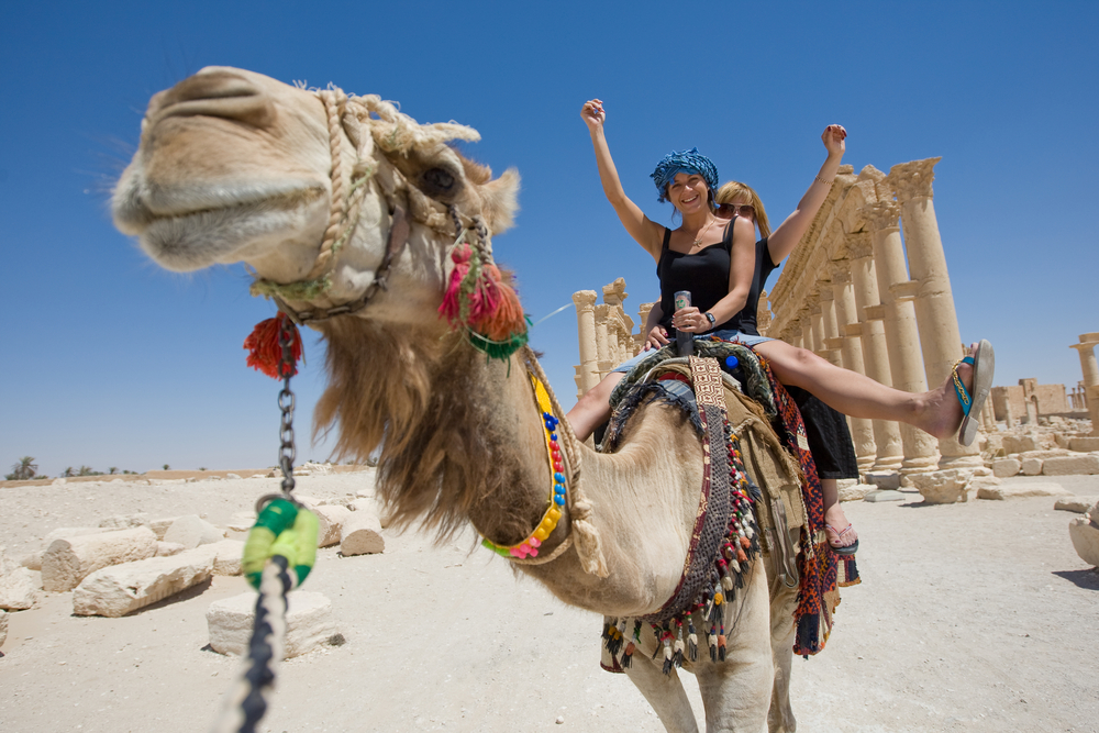 Turista com camelo no Egito